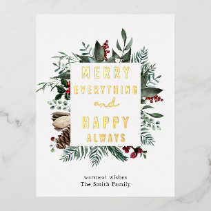 Elegant Watercolor Greenery Magnolia Floral Modern Foil Holiday Postcard