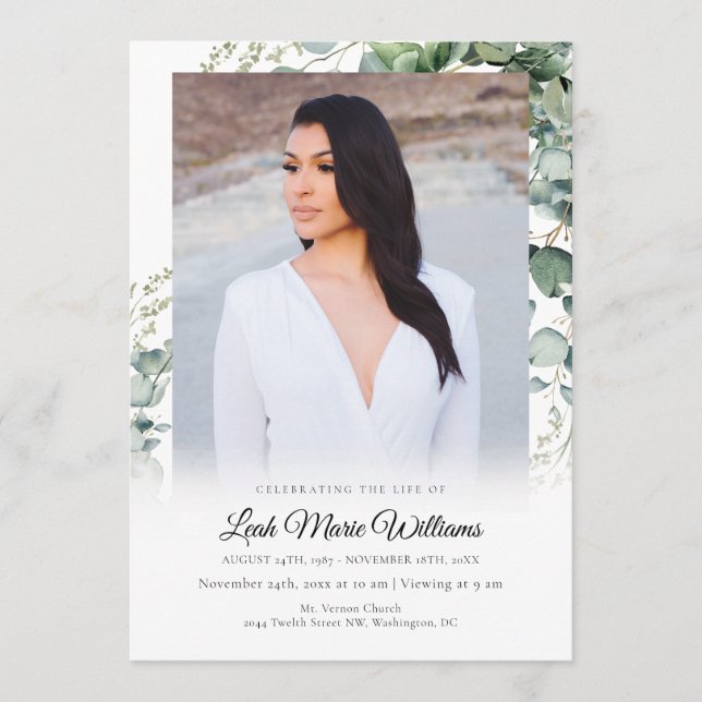 Elegant Watercolor Greenery Memorial  Program (Front)