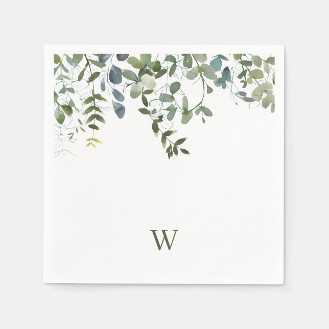 Elegant Watercolor Greenery Monogram Napkin (Front)
