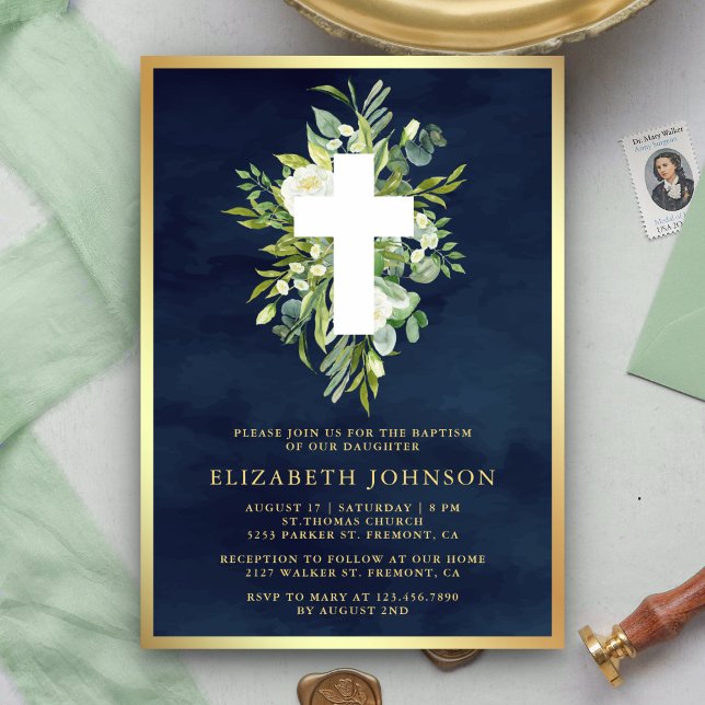 Elegant Watercolor Greenery Navy Blue Gold Baptism Invitation (Creator Uploaded)
