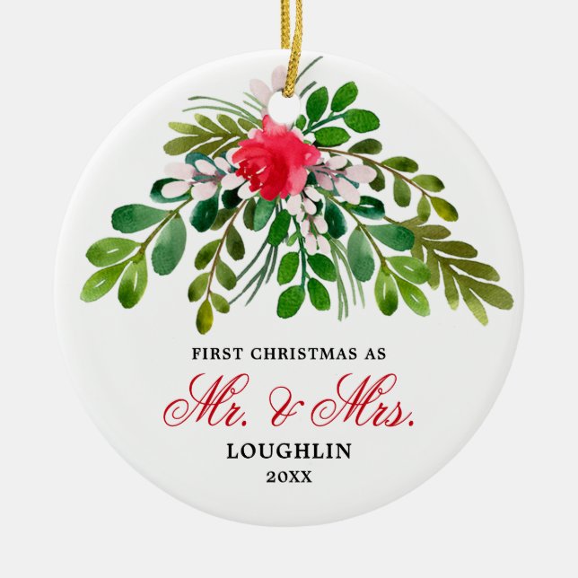 Elegant Watercolor Greenery Newlyweds Mr & Mrs Ceramic Ornament (Front)
