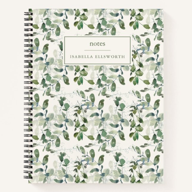 Elegant Watercolor Greenery Personalized Name Notebook (Front)