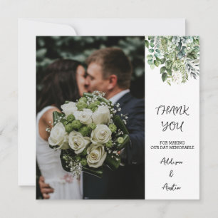 Elegant Watercolor Greenery Photo Flat Wedding Thank You Card