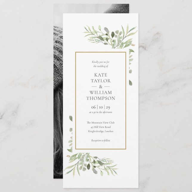 Elegant Watercolor Greenery Photo Wedding Invitation (Front/Back)
