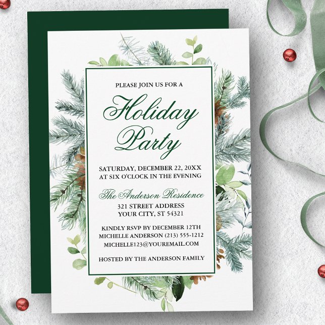 Elegant Watercolor Greenery Pine Holiday Party Invitation (Customize to change text color, size, style or to change color of back of card.)