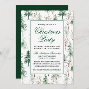 Elegant Watercolor Greenery Pines Christmas Party Invitation