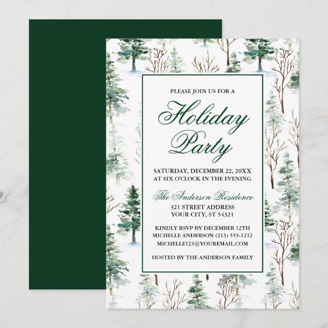 Elegant Watercolor Greenery Pines Holiday Party Invitation (Front/Back)