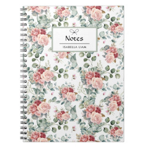 Elegant Watercolor Greenery Pink Flowers Pattern Notebook