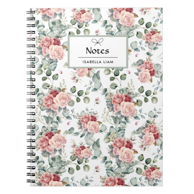Elegant Watercolor Greenery Pink Flowers Pattern Notebook (Front)