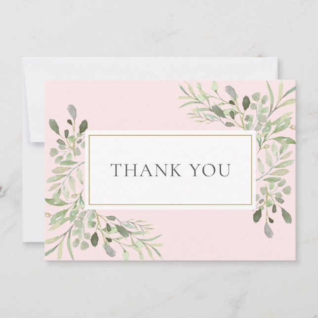 Elegant Watercolor Greenery Pink Thank You Card (Front)