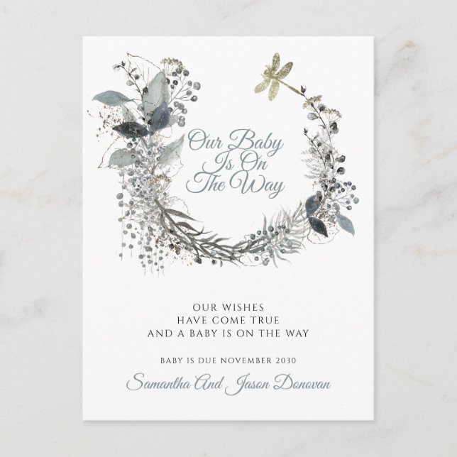Elegant Watercolor Greenery Pregnancy Announcement Postcard (Front)