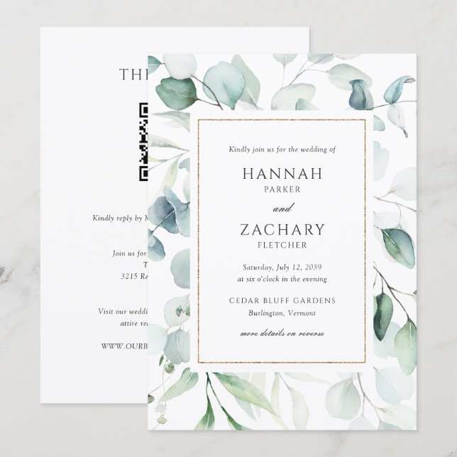 Elegant Watercolor Greenery QR Code Wedding Invitation (Front/Back)