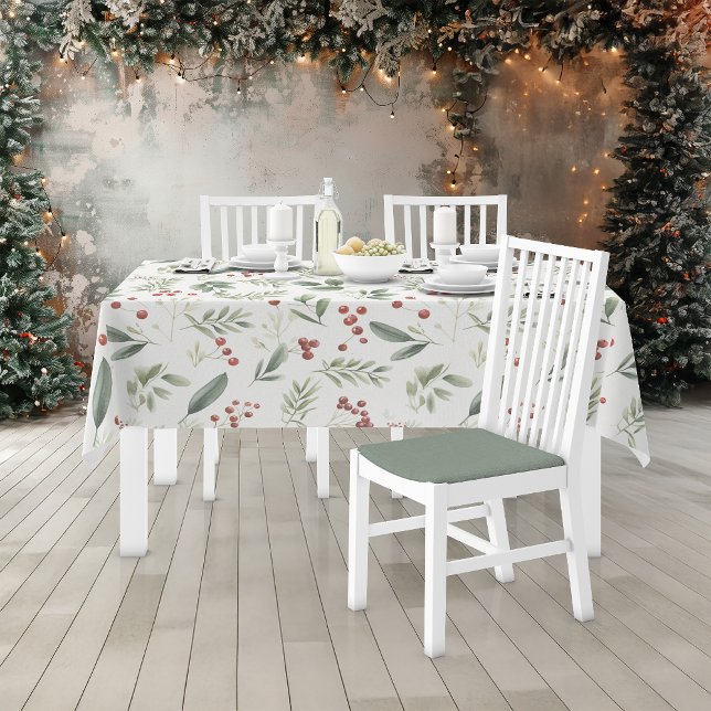 Elegant Watercolor Greenery & Red Berry Botanical Tablecloth (Elegant Watercolor Greenery & Red Berry Botanical Tablecloth)