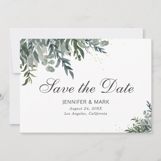 Elegant Watercolor Greenery Save The Date Card (Front)