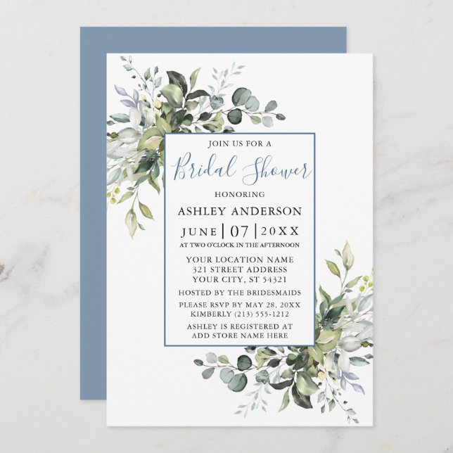 Elegant Watercolor Greenery Shower Dusty Blue Invitation (Front/Back)