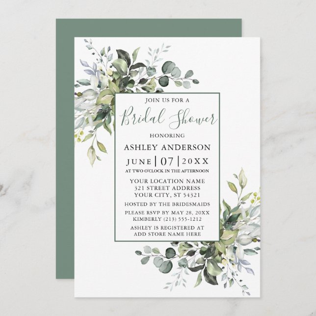 Elegant Watercolor Greenery Shower Sage Green Invitation (Front/Back)