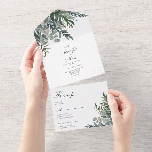 Elegant Watercolor Greenery Wedding  All In One Invitation (Tearaway)