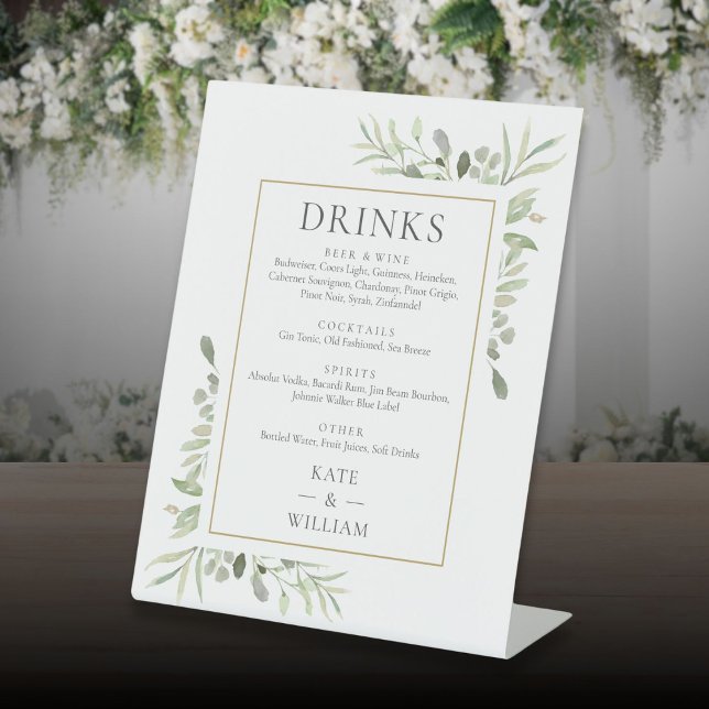 Elegant Watercolor Greenery Wedding Drinks Menu Pedestal Sign (Elegant Watercolor Greenery Wedding Drinks Menu Pedestal Sign)