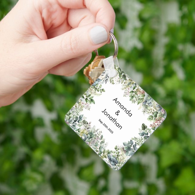 Elegant Watercolor Greenery Wedding Favour Keychai Key Ring (Hand)