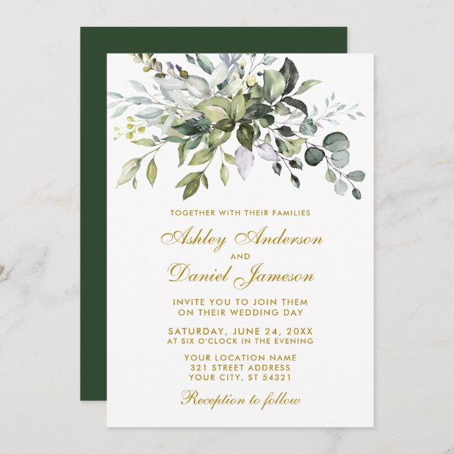 Elegant Watercolor Greenery Wedding Gold Invitation (Front/Back)