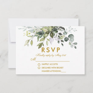 Elegant Watercolor Greenery Wedding Gold RSVP Card