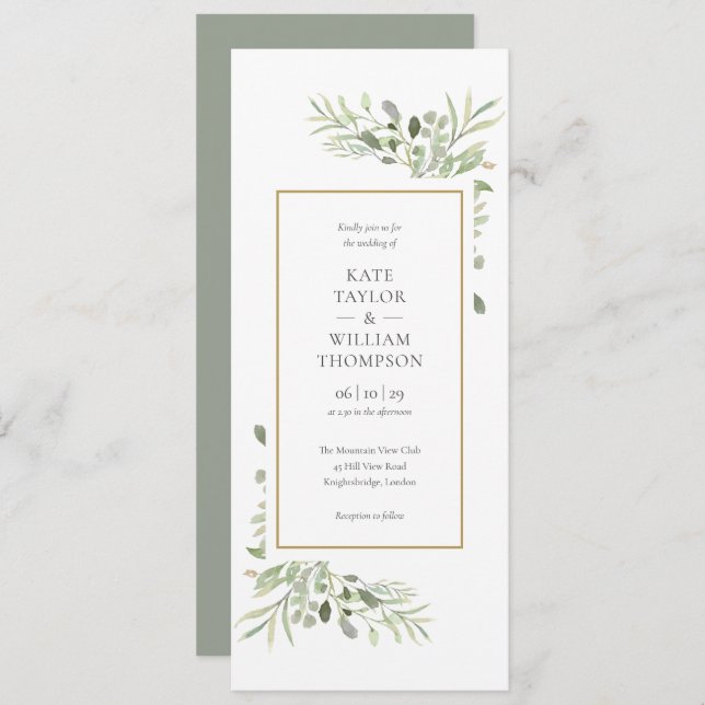 Elegant Watercolor Greenery Wedding Invitation (Front/Back)
