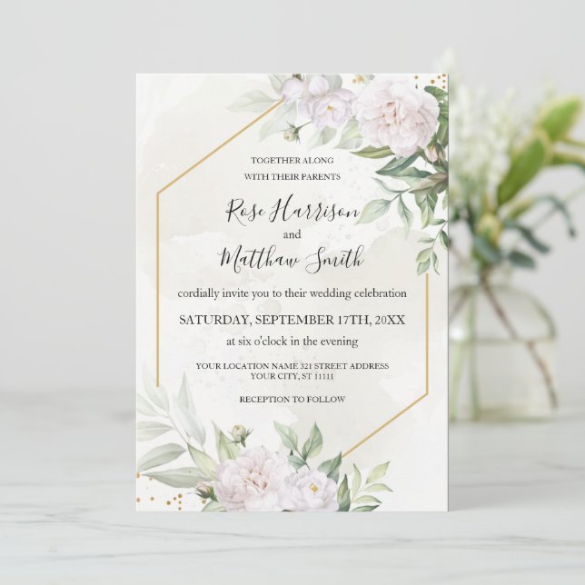 Elegant Watercolor Greenery White Flowers Wedding  Invitation (Standing Front)