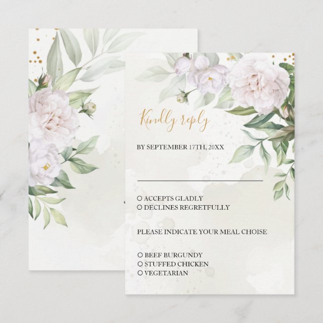 Elegant Watercolor Greenery White Flowers Wedding RSVP Card (Front/Back)