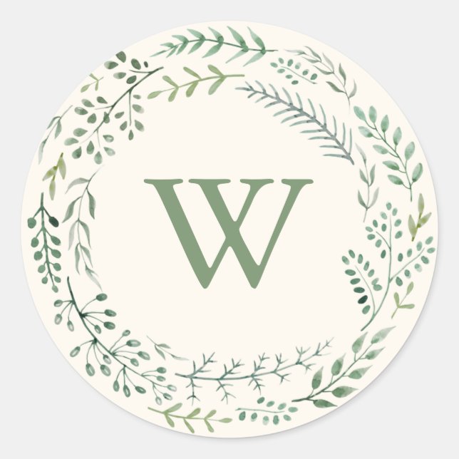 Elegant Watercolor Greenery Wreath Monogram Classic Round Sticker (Front)