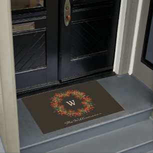 Elegant Watercolor Greenery Wreath Monogram Custom Doormat