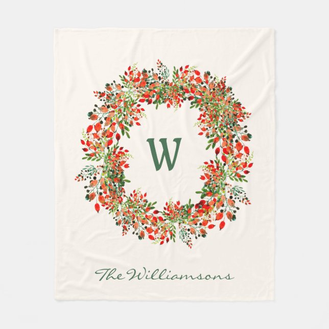 Elegant Watercolor Greenery Wreath Monogram Custom Fleece Blanket (Front)