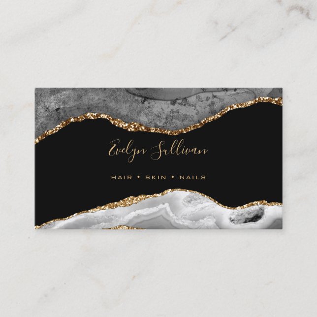 elegant watercolor grey gold agate business card (Front)