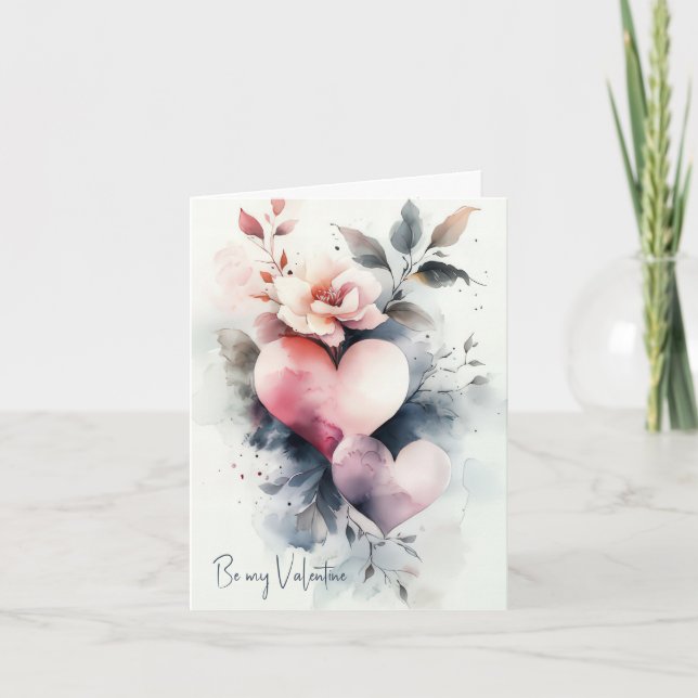 Elegant Watercolor Hearts Valentine's Greeting Holiday Card (Front)