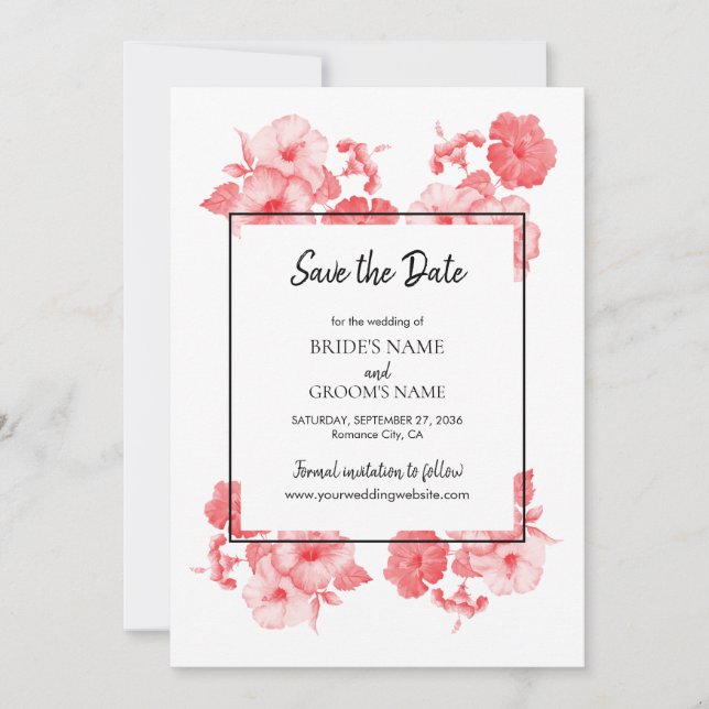Elegant Watercolor Hibiscus Wedding Save The Date (Front)
