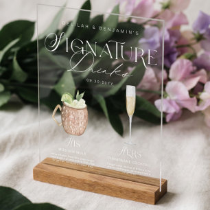 Elegant Watercolor His Her Signature Drink Wedding Acrylic Sign