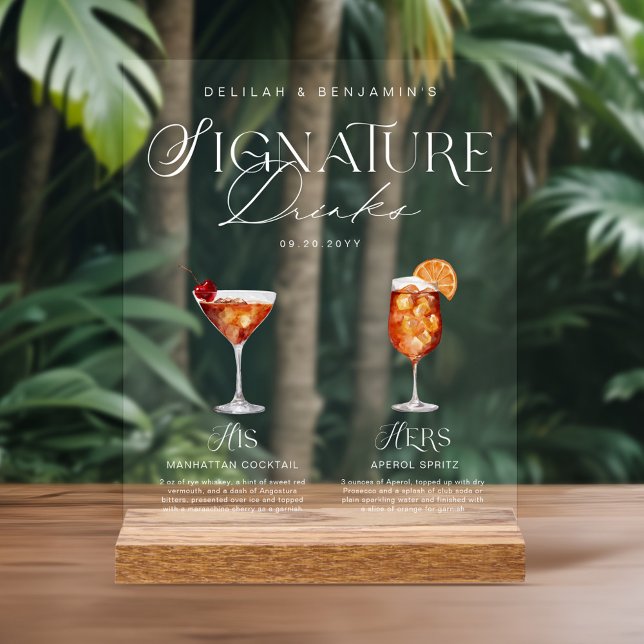 Elegant Watercolor His Her Signature Drink Wedding Acrylic Sign (Elegant Watercolor His Her Signature Drink Wedding Acrylic Sign)