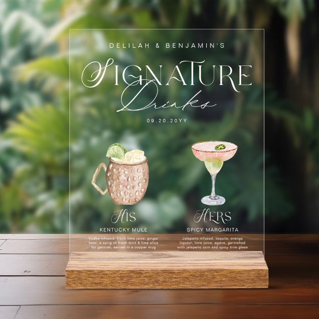 Elegant Watercolor His Her Signature Drink Wedding Acrylic Sign (Elegant Watercolor His Her Signature Drink Wedding Acrylic Sign)