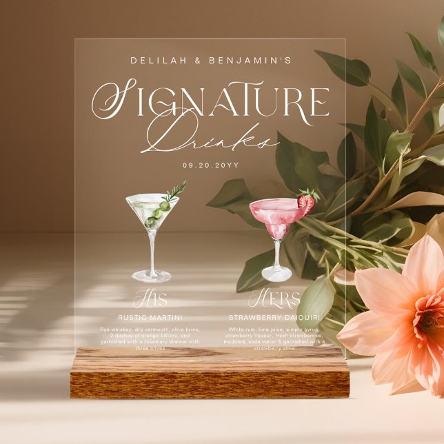 Elegant Watercolor His Her Signature Drink Wedding Acrylic Sign (Elegant Watercolor His Her Signature Drink Wedding Acrylic Sign)