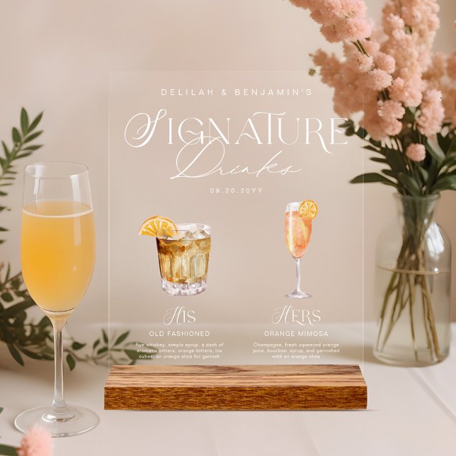 Elegant Watercolor His Her Signature Drink Wedding Acrylic Sign (Elegant Watercolor His Her Signature Drink Wedding Acrylic Sign)