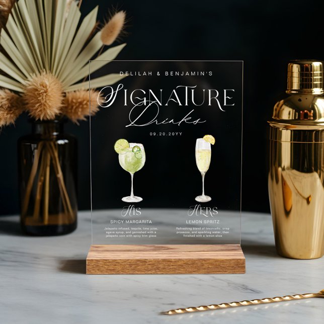 Elegant Watercolor His Her Signature Drink Wedding Acrylic Sign (Elegant Watercolor His Her Signature Drink Wedding Acrylic Sign)