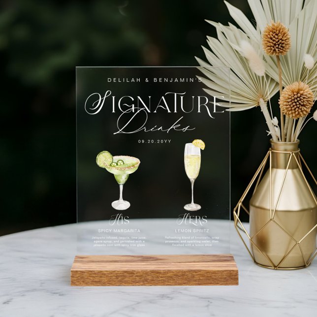 Elegant Watercolor His Her Signature Drink Wedding Acrylic Sign (Elegant Watercolor His Her Signature Drink Wedding Acrylic Sign)