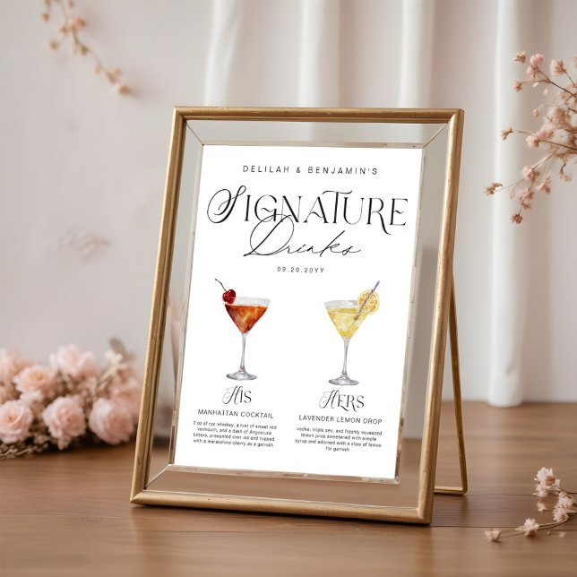 Elegant Watercolor His Her Signature Drink Wedding Poster (Elegant Watercolor His Her Signature Drink Wedding Poster)