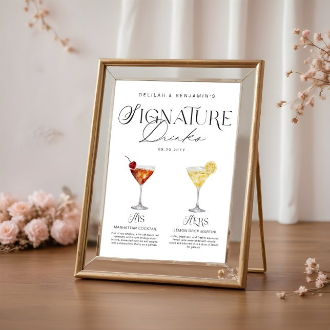 Elegant Watercolor His Her Signature Drink Wedding Poster (Elegant Watercolor His Her Signature Drink Wedding Poster)