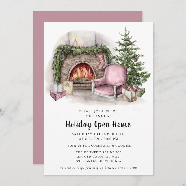 Elegant Watercolor Holiday Open House Invitation  (Front/Back)