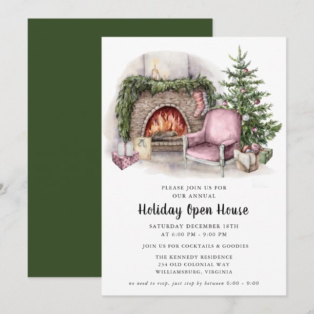 Elegant Watercolor Holiday Open House Invitation  (Front/Back)