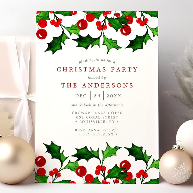 Elegant Watercolor Holly Berries Christmas Party Invitation (Creator Uploaded)