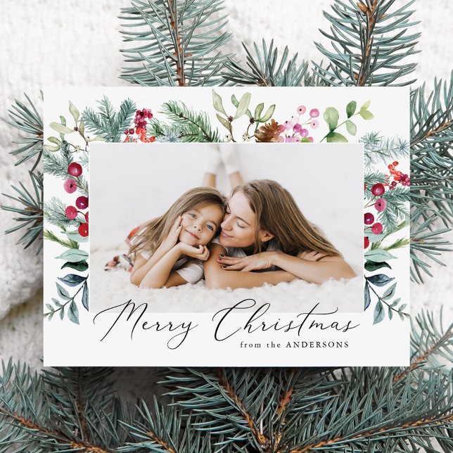 Elegant Watercolor Holly Berries & Greenery Photo Holiday Postcard (Creator Uploaded)