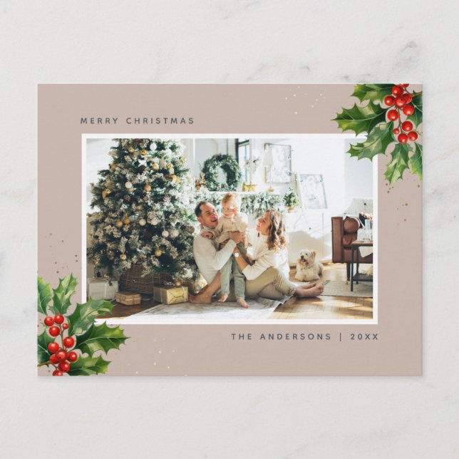 Elegant Watercolor Holly Berries Photo Holiday Postcard (Front)