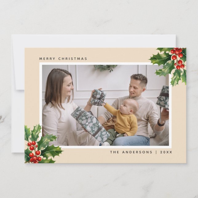 Elegant Watercolor Holly Photo Christmas Cards (Front)
