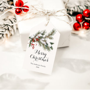 Elegant Watercolor Holly & Pine Christmas          Gift Tags